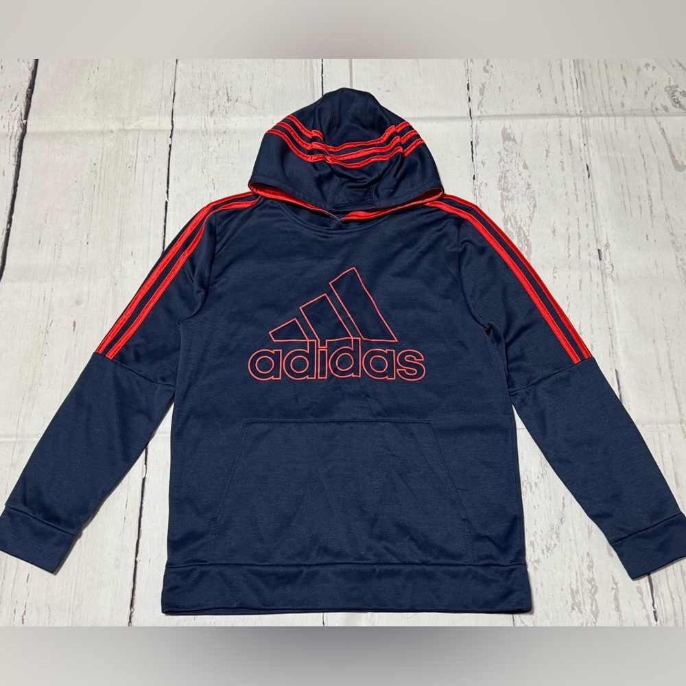 Adidas kids boys L 14/16 dark blue orange Adidas logo 3 striped pullover hoodie